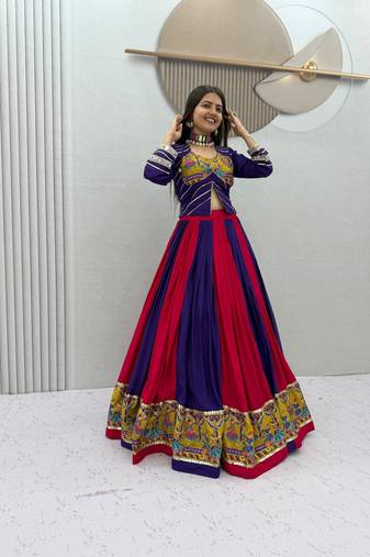 Purple Mirror Work position print Cotton Navratri Lahenga Choli Set