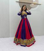 Purple Mirror Work position print Cotton Navratri Lahenga Choli Set