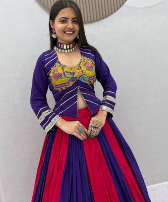 Purple Mirror Work position print Cotton Navratri Lahenga Choli Set 2