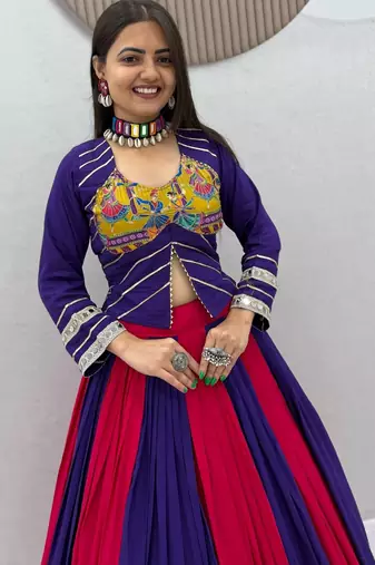 Purple Mirror Work position print Cotton Navratri Lahenga Choli Set