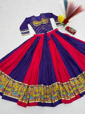 Purple Mirror Work position print Cotton Navratri Lahenga Choli Set 5