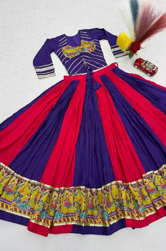 Purple Mirror Work position print Cotton Navratri Lahenga Choli Set