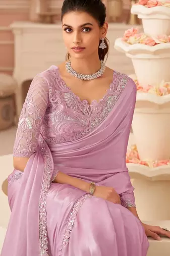 Pink Silk Chiffon Stylish Embellished Saree,Sari Comes With Embroidered Blouse