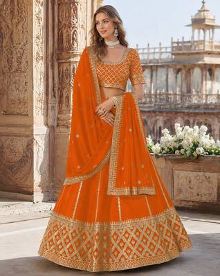 Orange embriodered art silk semi stitched Lehenga choli 1