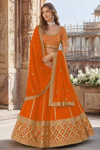 Orange embriodered art silk semi stitched Lehenga choli