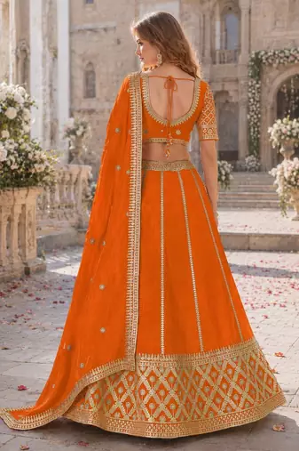 Orange embriodered art silk semi stitched Lehenga choli