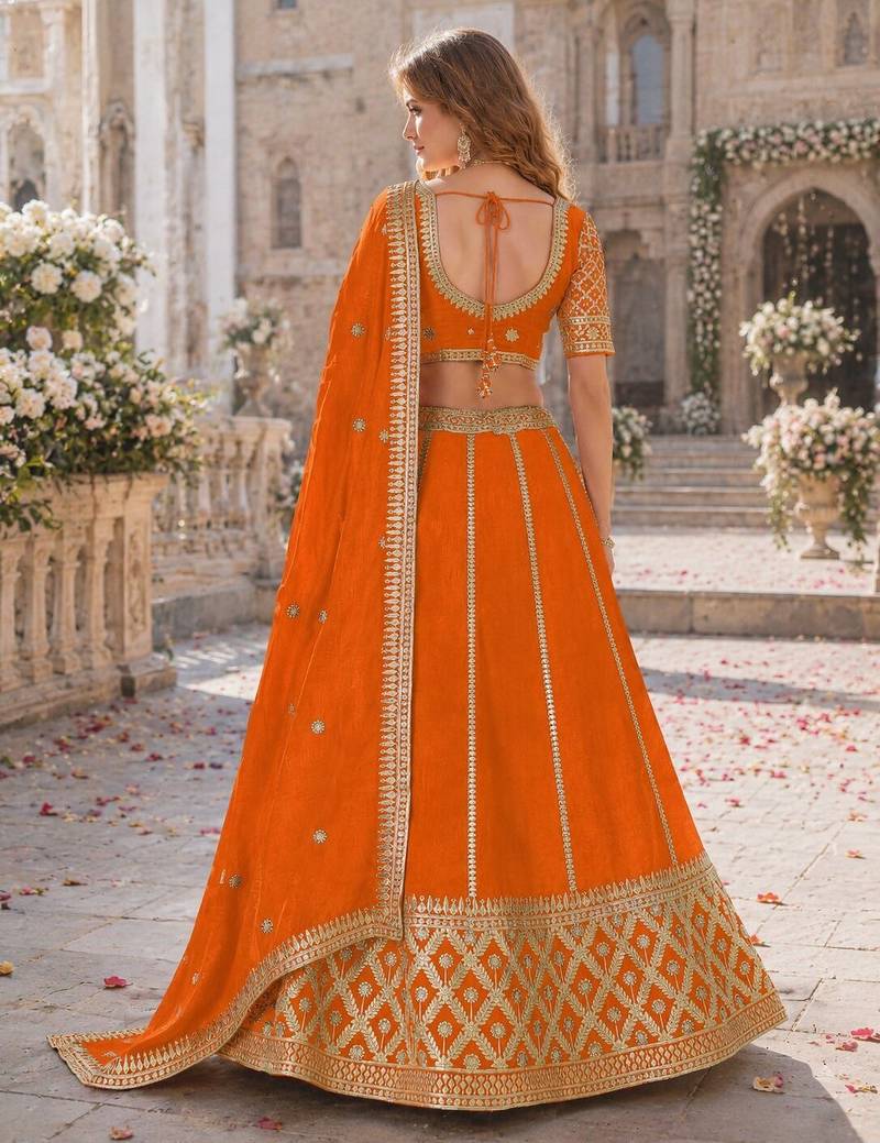 Orange embriodered art silk semi stitched Lehenga choli