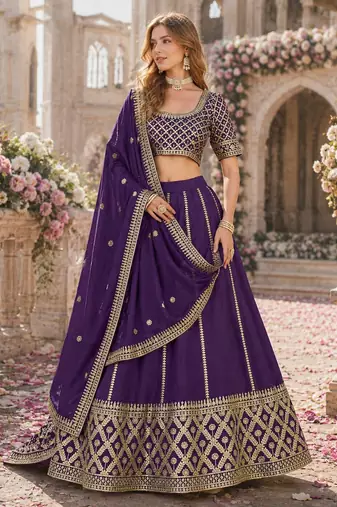 Purple embriodered art silk semi stitched Lehenga choli