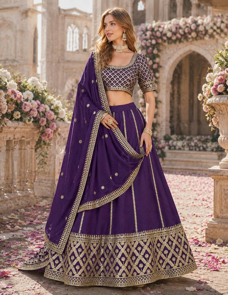 Purple embriodered art silk semi stitched Lehenga choli