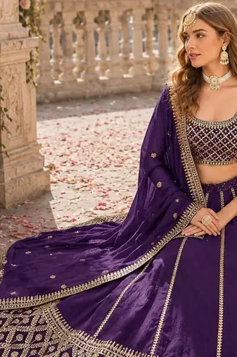 Purple embriodered art silk semi stitched Lehenga choli