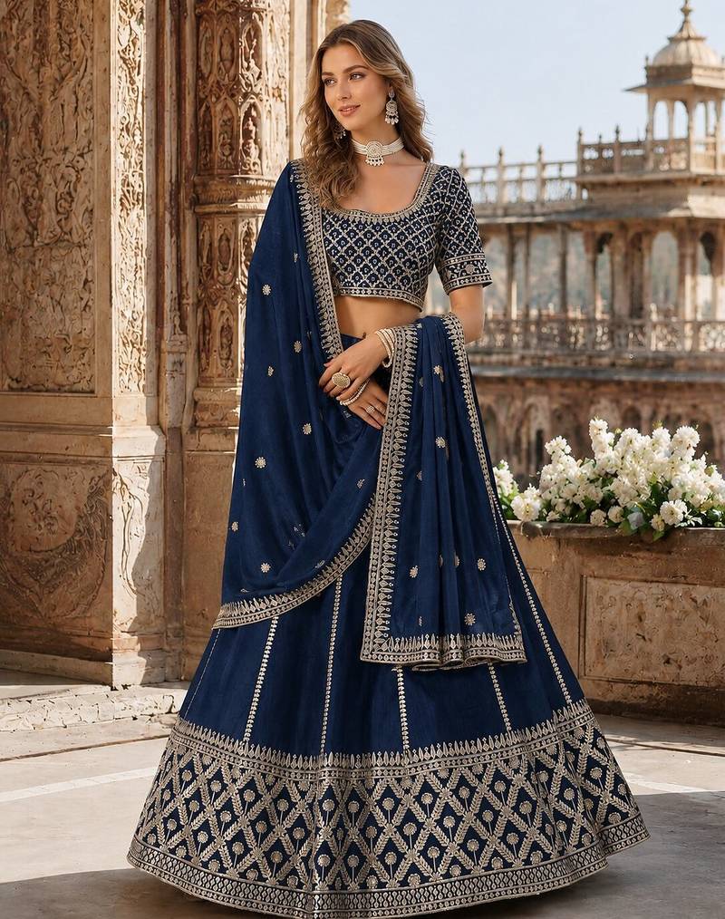 Navy embriodered art silk semi stitched Lehenga choli