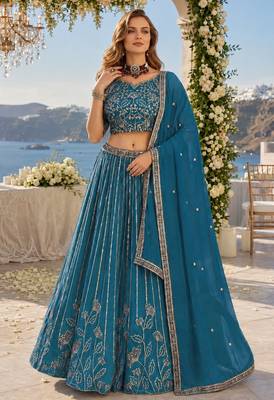 Teal Blue Faux Georgette Semi Stitched Lehenga Choli with Embroidered & Sequin Work 1