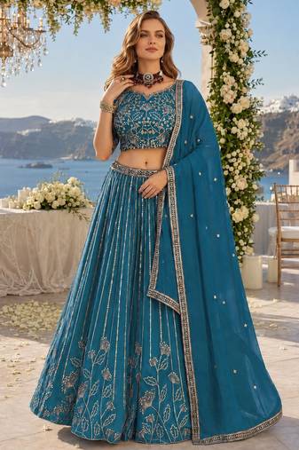Teal Blue Faux Georgette Semi Stitched Lehenga Choli with Embroidered & Sequin Work