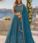 Teal Blue Faux Georgette Semi Stitched Lehenga Choli with Embroidered & Sequin Work