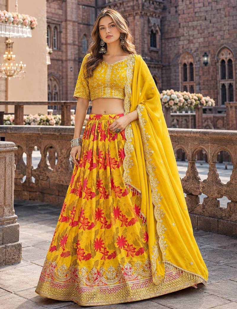 Yellow art silk semi stitched lehenga choli with taby silk print