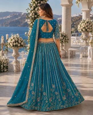 Teal Blue Faux Georgette Semi Stitched Lehenga Choli with Embroidered & Sequin Work 2