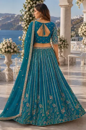 Teal Blue Faux Georgette Semi Stitched Lehenga Choli with Embroidered & Sequin Work