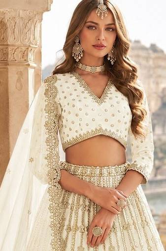 White Art Silk Semi Stitched Lehenga Choli With Embroidert Work