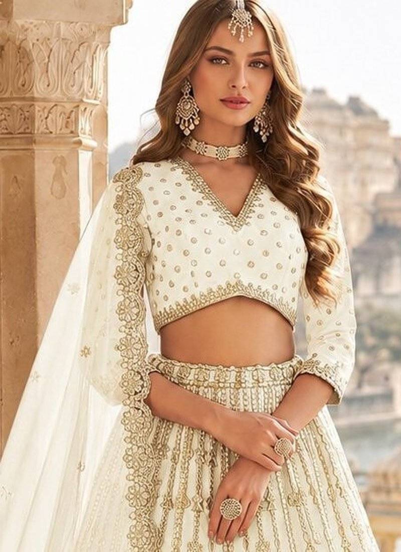 White Art Silk Semi Stitched Lehenga Choli With Embroidert Work