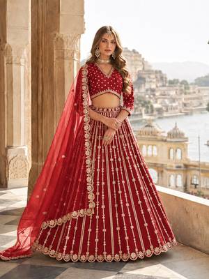 Red Art Silk Semi Stitched Lehenga Choli With Embroidert Work 1