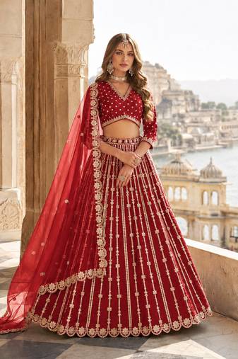 Red Art Silk Semi Stitched Lehenga Choli With Embroidert Work