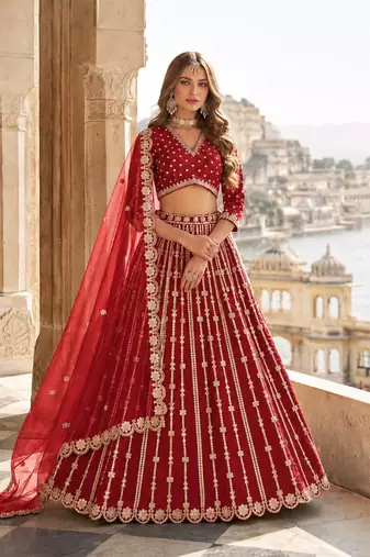 Red Art Silk Semi Stitched Lehenga Choli With Embroidert Work