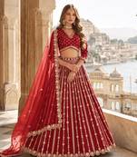 Red Art Silk Semi Stitched Lehenga Choli With Embroidert Work