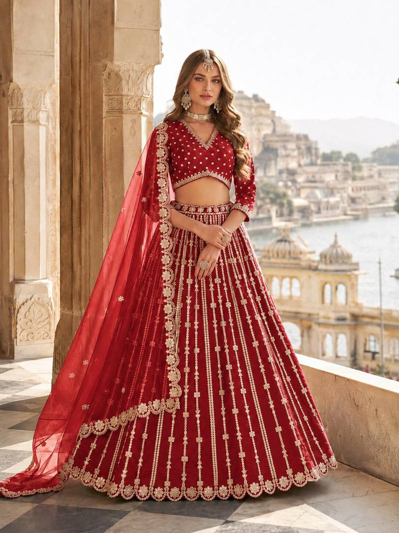 Red Art Silk Semi Stitched Lehenga Choli With Embroidert Work