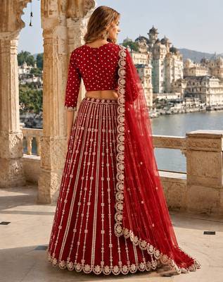 Red Art Silk Semi Stitched Lehenga Choli With Embroidert Work 2