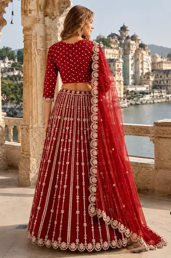 Red Art Silk Semi Stitched Lehenga Choli With Embroidert Work