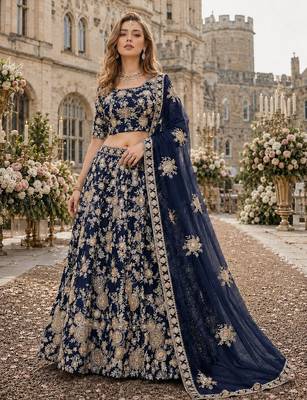 Navy Blue Embroidered Heavy Art Silk Lehenga With Blouse 1