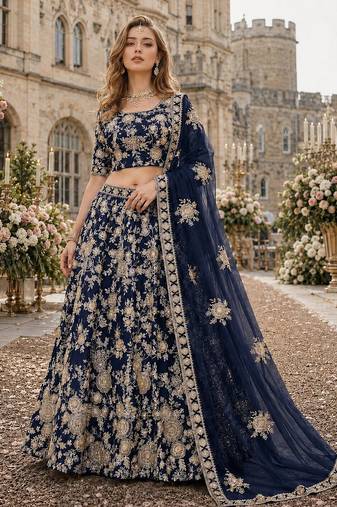 Navy Blue Embroidered Heavy Art Silk Lehenga With Blouse