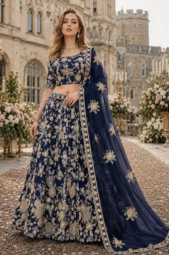 Navy Blue Embroidered Heavy Art Silk Lehenga With Blouse