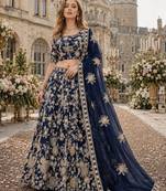 Navy Blue Embroidered Heavy Art Silk Lehenga With Blouse