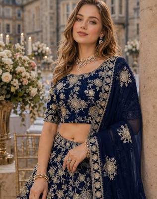 Navy Blue Embroidered Heavy Art Silk Lehenga With Blouse 2