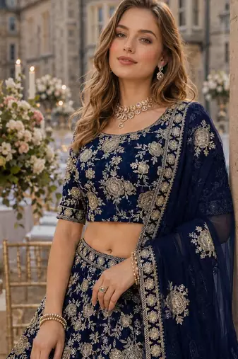 Navy Blue Embroidered Heavy Art Silk Lehenga With Blouse