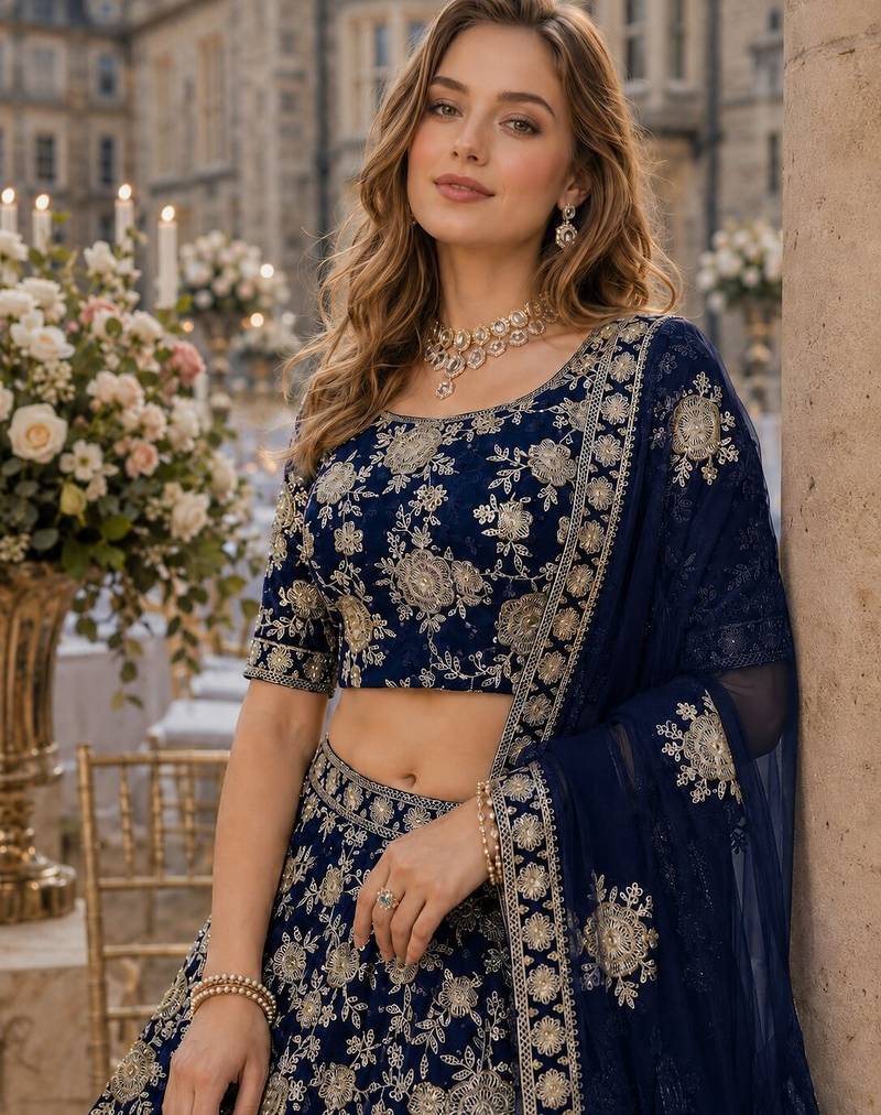Navy Blue Embroidered Heavy Art Silk Lehenga With Blouse