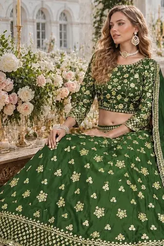 Green Embroidered Heavy Organza Lehenga With Blouse