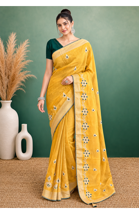Yellow Embroidery Design White Thread Work And Akira Cotton Blend Saree With Unstitched Blouse 1