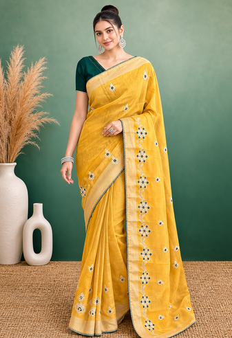 Yellow Embroidery Design White Thread Work And Akira Cotton Blend Saree With Unstitched Blouse