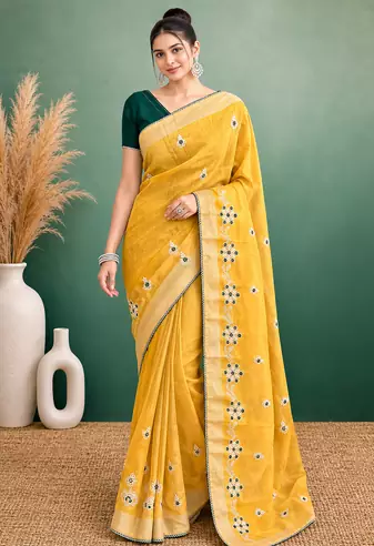 Yellow Embroidery Design White Thread Work And Akira Cotton Blend Saree With Unstitched Blouse