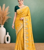 Yellow Embroidery Design White Thread Work And Akira Cotton Blend Saree With Unstitched Blouse