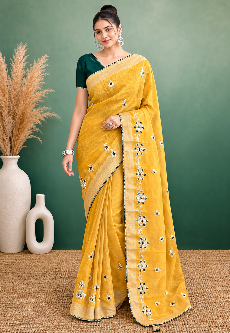 Yellow Embroidery Design White Thread Work And Akira Cotton Blend Saree With Unstitched Blouse