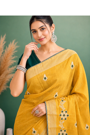 Yellow Embroidery Design White Thread Work And Akira Cotton Blend Saree With Unstitched Blouse 2