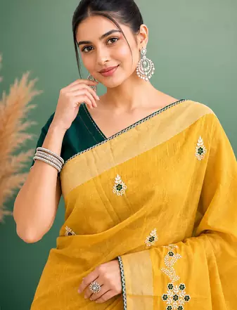 Yellow Embroidery Design White Thread Work And Akira Cotton Blend Saree With Unstitched Blouse
