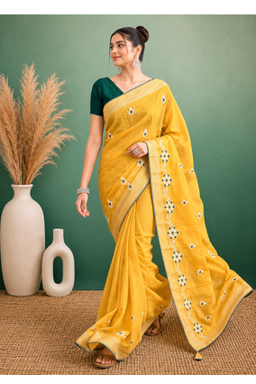 Yellow Embroidery Design White Thread Work And Akira Cotton Blend Saree With Unstitched Blouse 3
