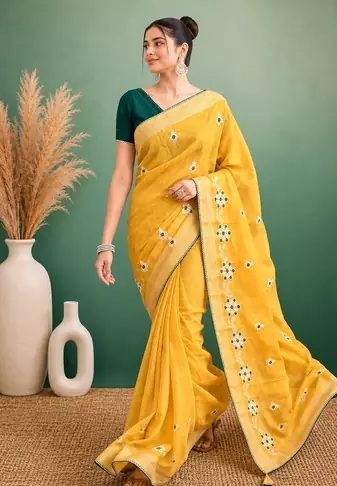 Yellow Embroidery Design White Thread Work And Akira Cotton Blend Saree With Unstitched Blouse