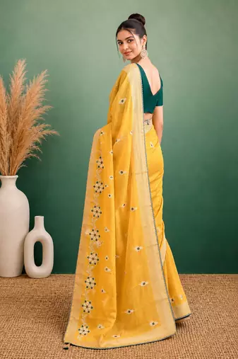 Yellow Embroidery Design White Thread Work And Akira Cotton Blend Saree With Unstitched Blouse