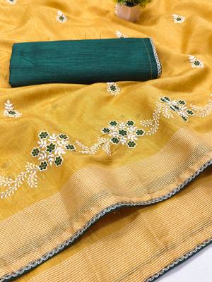 Yellow Embroidery Design White Thread Work And Akira Cotton Blend Saree With Unstitched Blouse 5