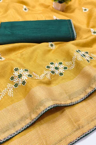 Yellow Embroidery Design White Thread Work And Akira Cotton Blend Saree With Unstitched Blouse